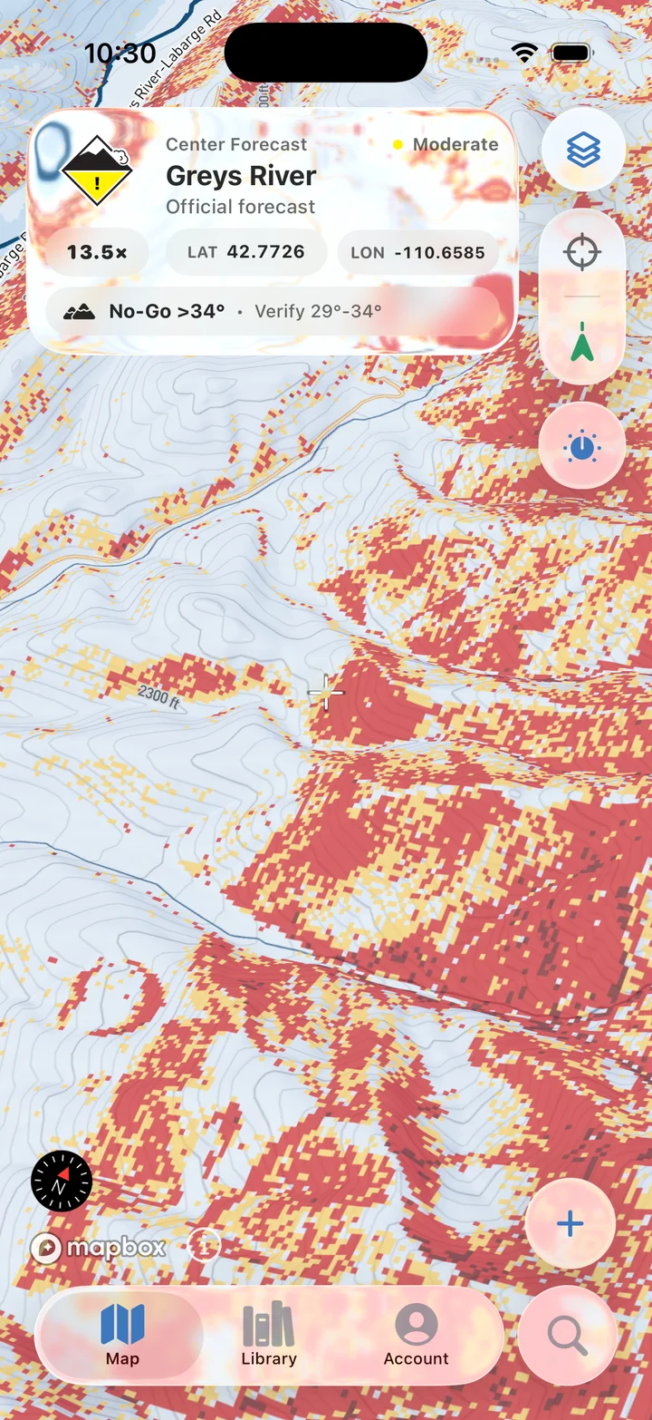 AspectAvy map with slope angle shading and the Greys River center forecast