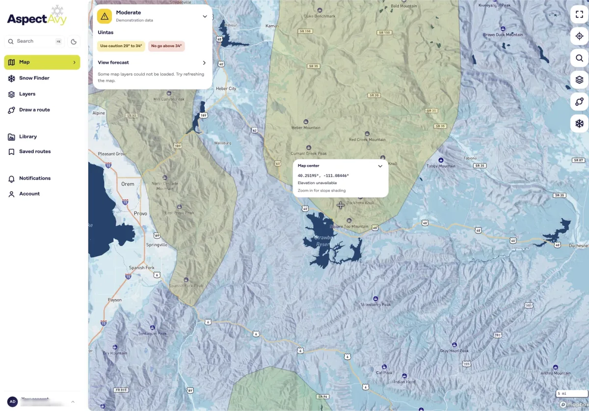 AspectAvy web app showing the Uintas forecast zone on the map with the sidebar
