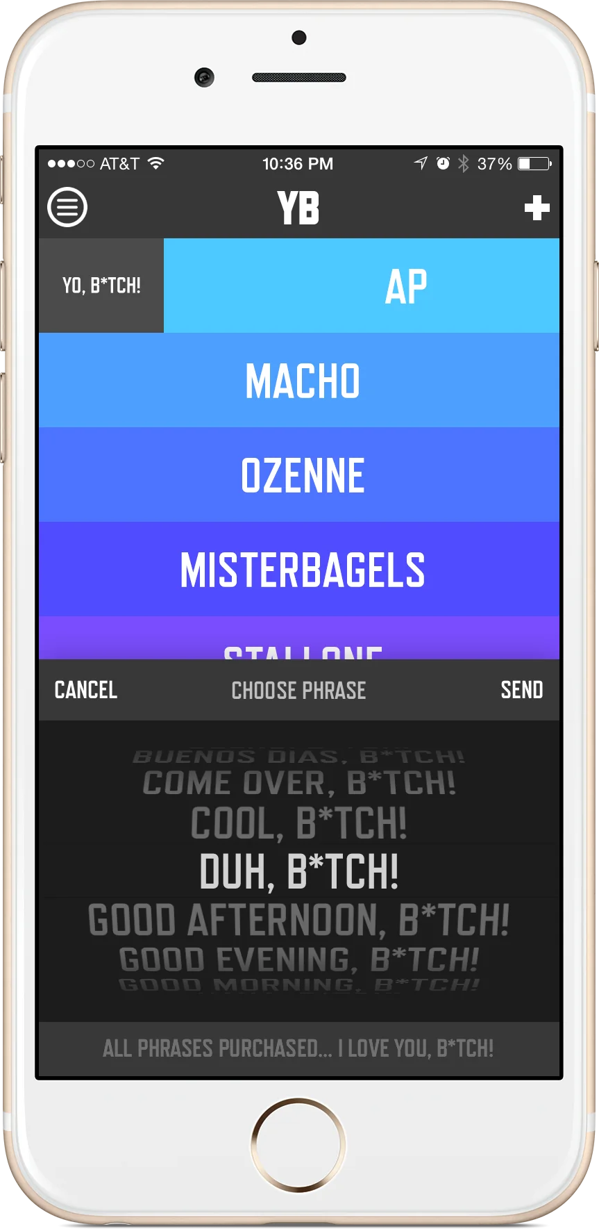 Compose screen with contacts and the phrase picker